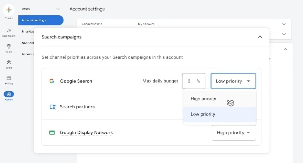 Google Ads account settings showing channel prioritization options for Search campaigns with High priority and Low priority